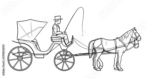 Classic horse pulled cabriolet cart - vector stock illustration.