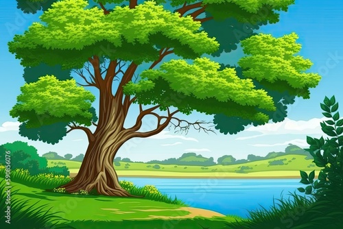 whimsical tree standing by a flowing river in a colorful landscape. Generative AI
