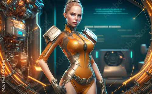 Generative AI of a female cyborg in a futuristic space suit