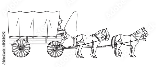 Print op canvas Covered settlers wagon with four horses - vector stock illustration