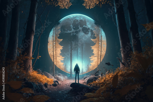 Mysterious woman in the dark forest with full moon. Halloween concept Generative AI