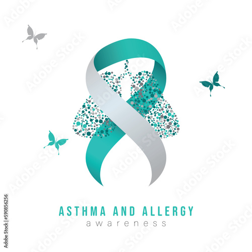 National Asthma and Allergy Awareness Month. Ribbon, lung, butterfly