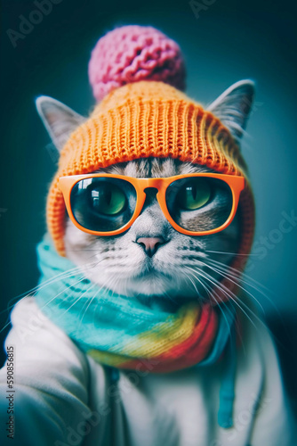 Hipster cat take selfie photo  funny antrophomorfic animals  Generative AI