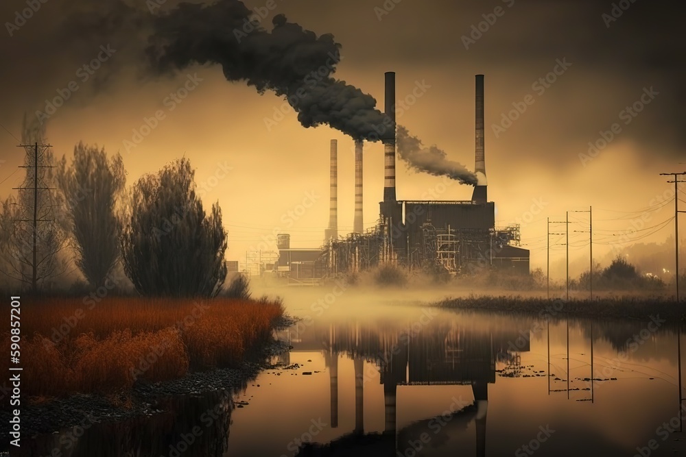 Chimney with smoke, pollution , blue sky, 