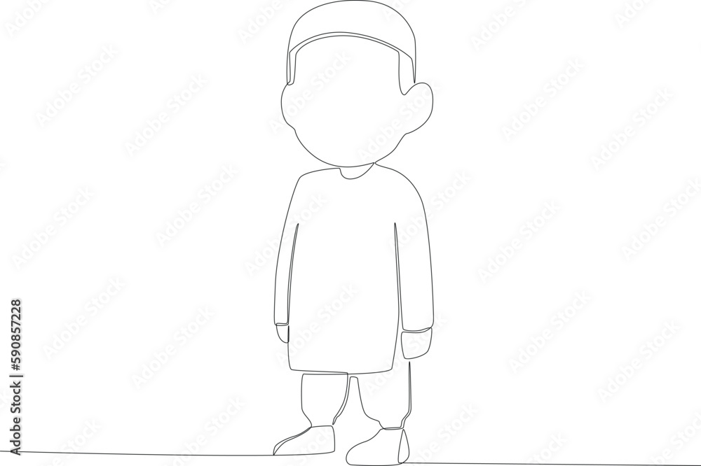 A boy prepares for salat. Sholat one-line drawing A boy prepares for salat. Sholat one-line drawing