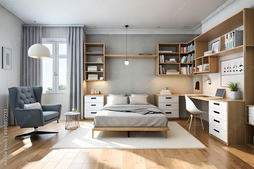 Cute children's room with house shaped shelves and crib, Interior design Cute children's room with house shaped shelves and crib, Interior design