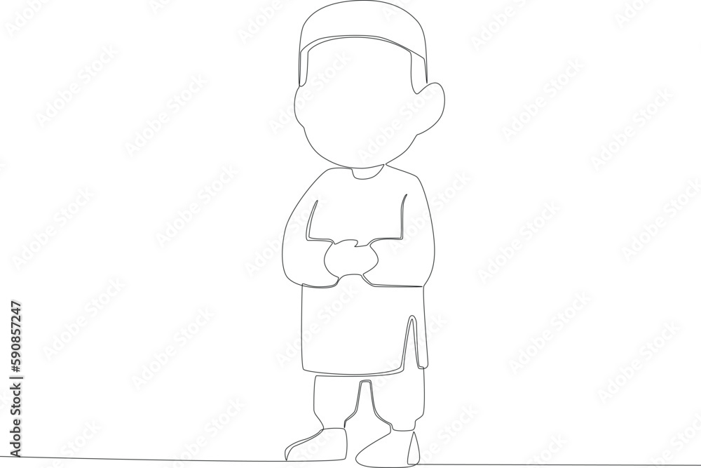 A boy performing a salat movement. Sholat one-line drawing A boy performing a salat movement. Sholat one-line drawing