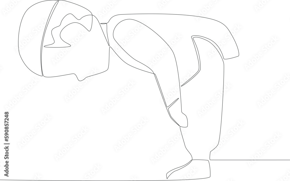 A boy performs a crooked movement during prayer. Sholat one-line drawing A boy performs a crooked movement during prayer. Sholat one-line drawing