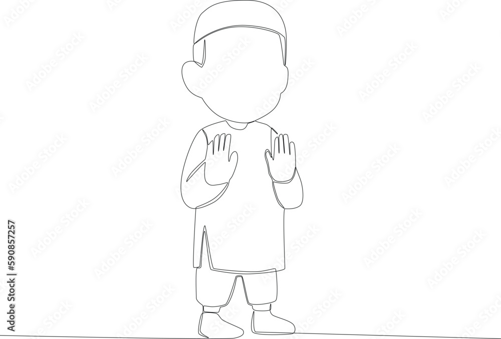 A boy praying at home. Sholat one-line drawing A boy praying at home. Sholat one-line drawing