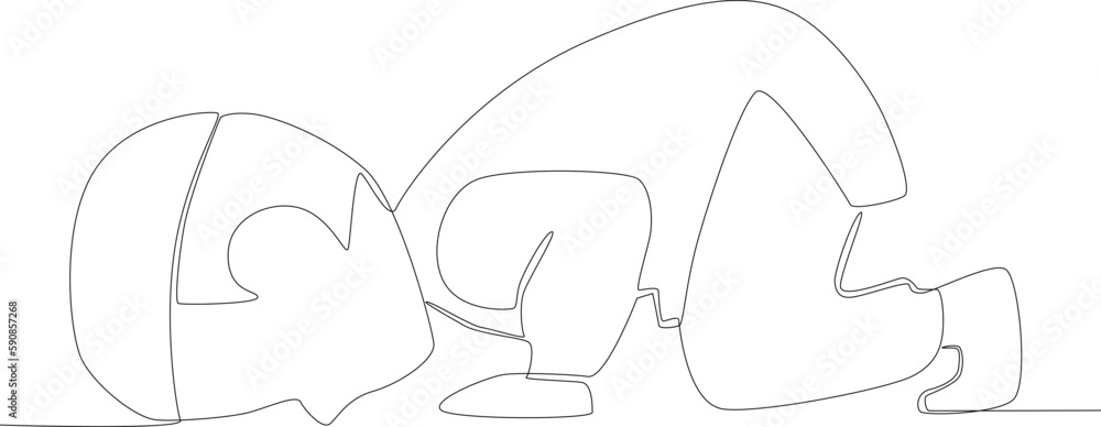 Side view of a boy prostrating himself. Sholat one-line drawing