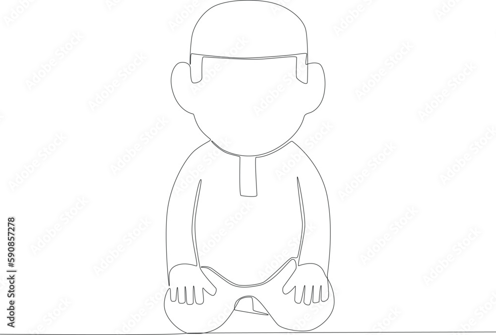 A boy wearing a skullcap praying. Sholat one-line drawing A boy wearing a skullcap praying. Sholat one-line drawing