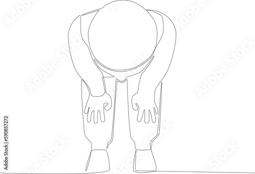 Front view of a child crouching. Sholat one-line drawing