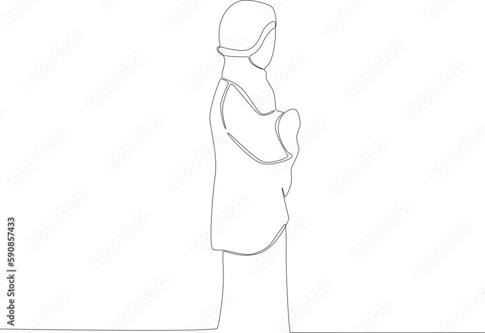A woman praying wearing a hijab. Sholat one-line drawing A woman praying wearing a hijab. Sholat one-line drawing