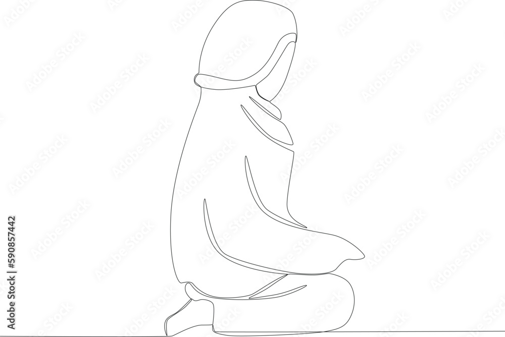 A woman salat at the last movement. Sholat one-line drawing