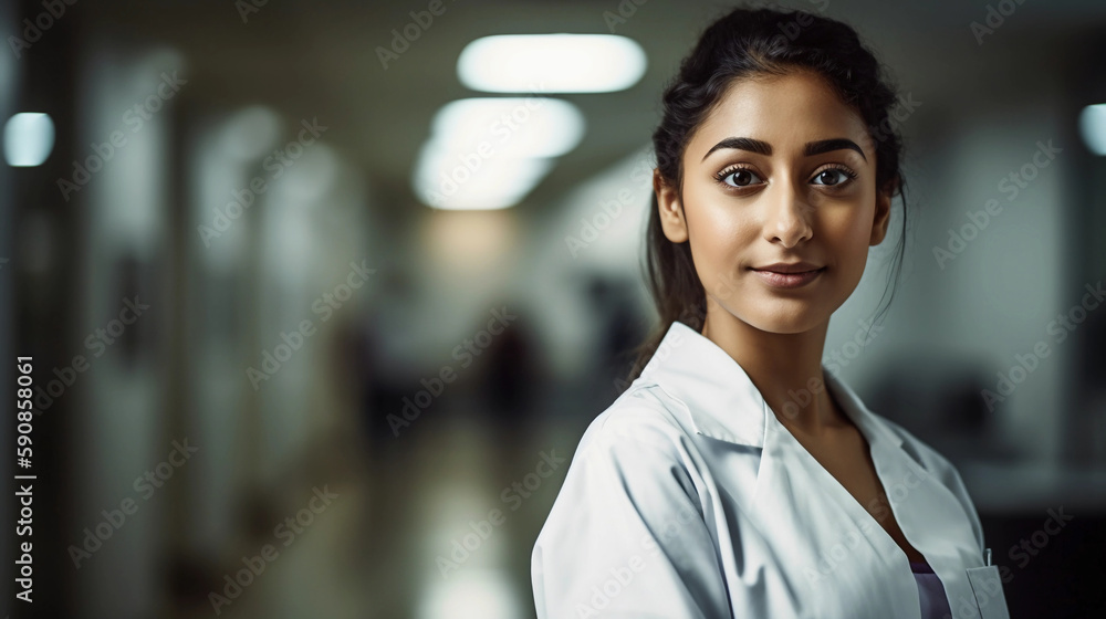 Jeune Infirmière dans le Couloir de l'Hôpital - Professionnelle de Santé - Generative AI - obrazy, fototapety, plakaty 