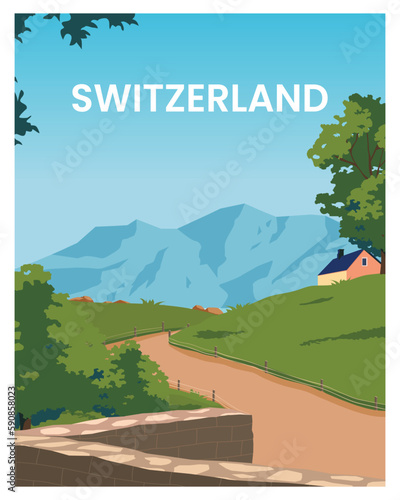Switzerland travel poster. vector illustration background with flat colored style.
landscape suitable for poster, postcard, greeting card.