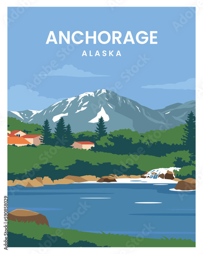 Alaska travel poster with mountains. travel to United States of America. vector illustration with colored style for poster, greeting card, postcard.
