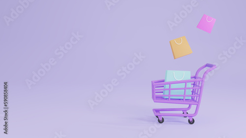 Shopping bags on purple shopping cart. Online stores and modern digital marketing. Icon minimal 3D rendering. 3D shopping cart. 