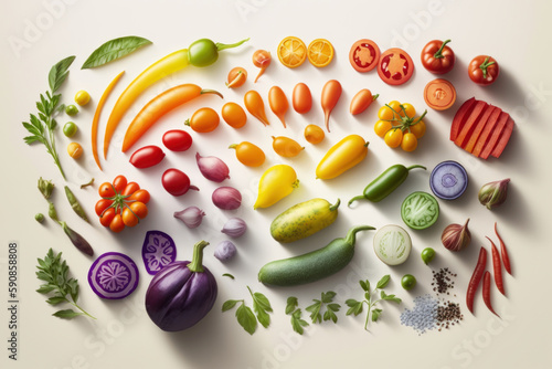 Dieta equilibrada verduras y fruta, organización cromática, verduras arcoíris, creado con IA generativa