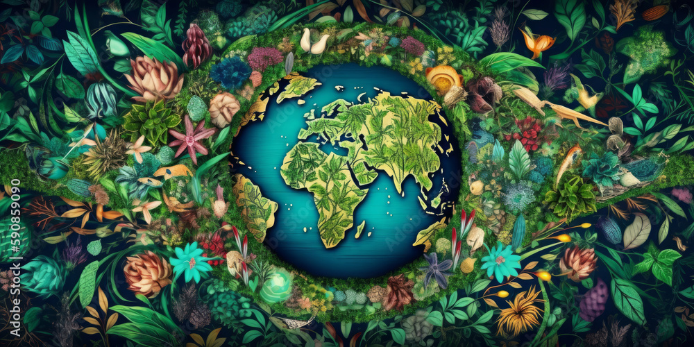Día de la tierra, planeta tierra rodeado de naturaleza, flores rodeando el mundo, planeta verde, cambio climático, creado con IA generativa Día de la tierra, planeta tierra rodeado de naturaleza, flores rodeando el mundo, planeta verde, cambio climático, creado con IA generativa