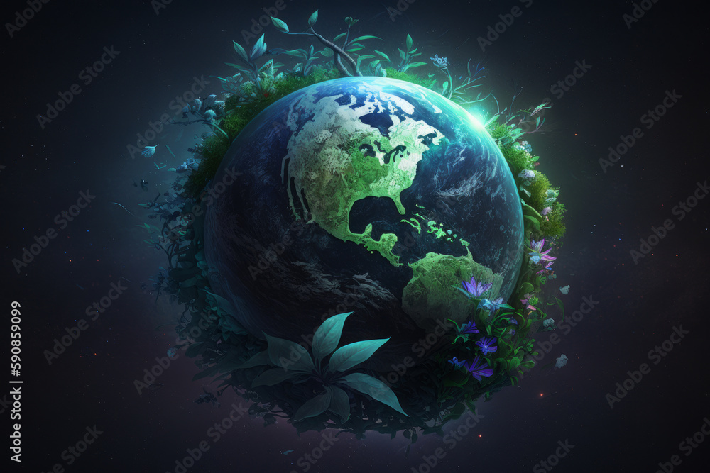 Día de la tierra, planeta tierra rodeado de naturaleza, flores rodeando el mundo, planeta verde, cambio climático, creado con IA generativa 