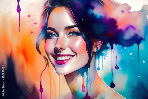 Colorful portrait of a young woman. Generative AI