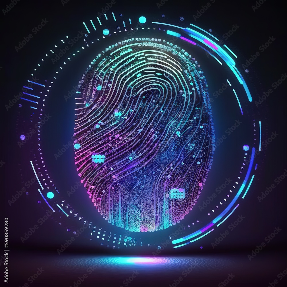 Fingerprint identification to access personal financial data. Idea for E-kyc (electronic know your customer), biometrics security, Generative AI Fingerprint identification to access personal financial data. Idea for E-kyc (electronic know your customer), biometrics security, Generative AI