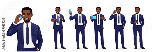 Handsome African business man in suit with gadgets phone and tablet set isolated vector illustration