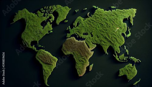 Earth Day. World map made with grass top view Ai generated image