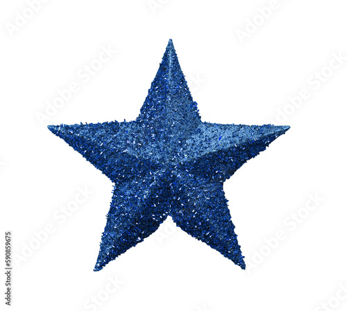 Blue star isolated is decorates the top of a pine tree for Christmas or New Year.