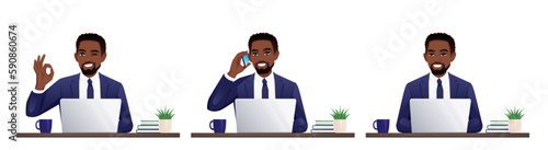 Handsome African business young man using laptop computer sitting at the desk isolated vector illustration