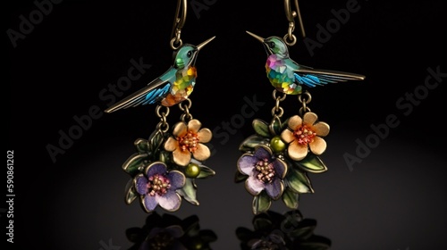 A pair of earrings with a hummingbird hovering over a cluster of flowers Generative AI © Наталья Евтехова