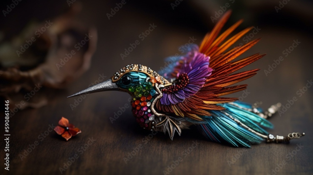 Obraz premium A brooch in the shape of a delicate hummingbird, with colorful feathers Generative AI