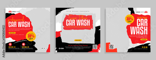 Car wash business promotion social media post or web banner template. Car cleaning or automobile repair service marketing flyer. Car sale or maintenance advertisement poster. Online ad digital cover.