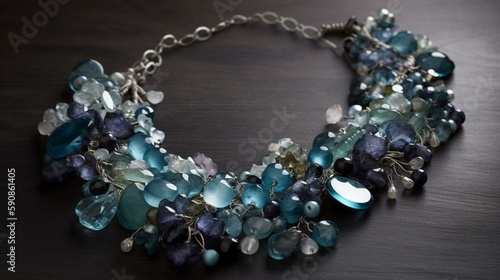A necklace with a cluster of shimmering gemstones in various shades of blue Generative AI