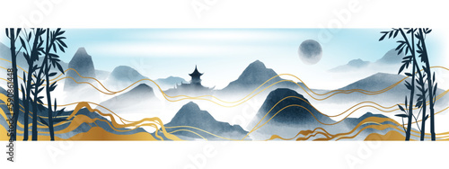 Minimal mountain landscape, Chinese zen watercolor background, vector oriental temple, fog hills. Relax Japan ink environment view, horizontal silhouette wallpaper. Chinese landscape Asia nature