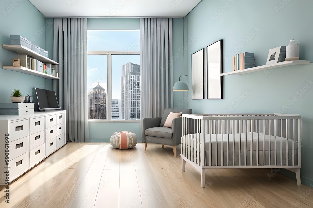 Cute children's room with house shaped shelves and crib, Interior design Cute children's room with house shaped shelves and crib, Interior design
