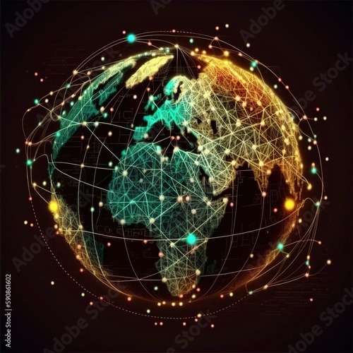 Global Background  Connection lines around Earth globe  futuristic technology theme background with circles and lines. Concept of internet  social media  traveling or logistics  generative ai 