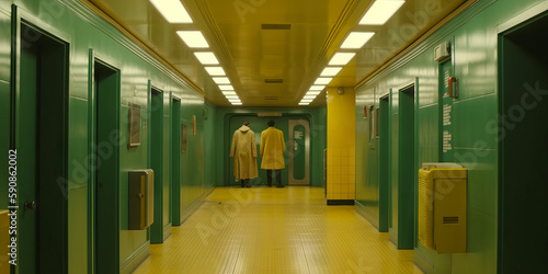 Dos hombre en el subterráneo esperando el tren, estación verde y amarilla, creada con IA generativa photo