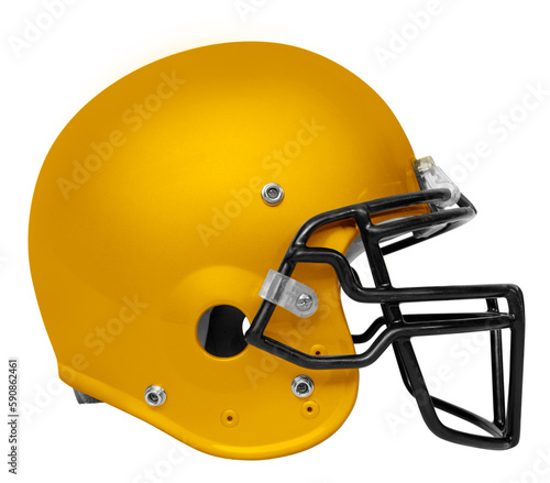 A side view of a yellow & black American football helmet with a transparent background.