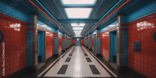 Pasillo subterráneo aesthetic rojo y azul, creado con IA generativa