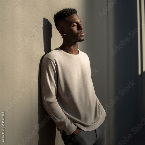 Modelo negro pousando com as mãos no bolso criado com IA photo