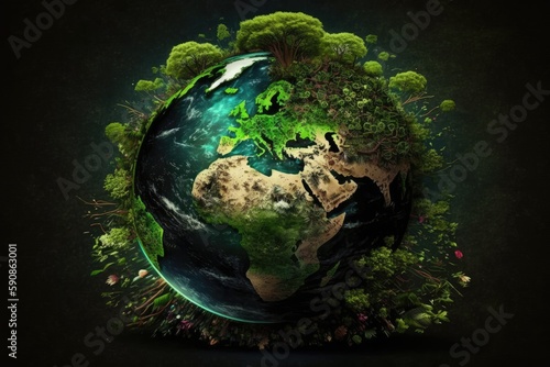 the earth surrounded by lush greenery. Generative AI