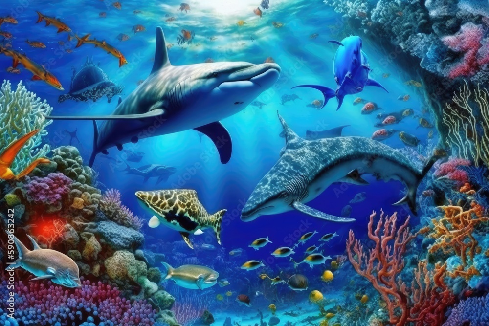 Fototapeta premium pod of dolphins gracefully swimming in the deep blue sea. Generative AI