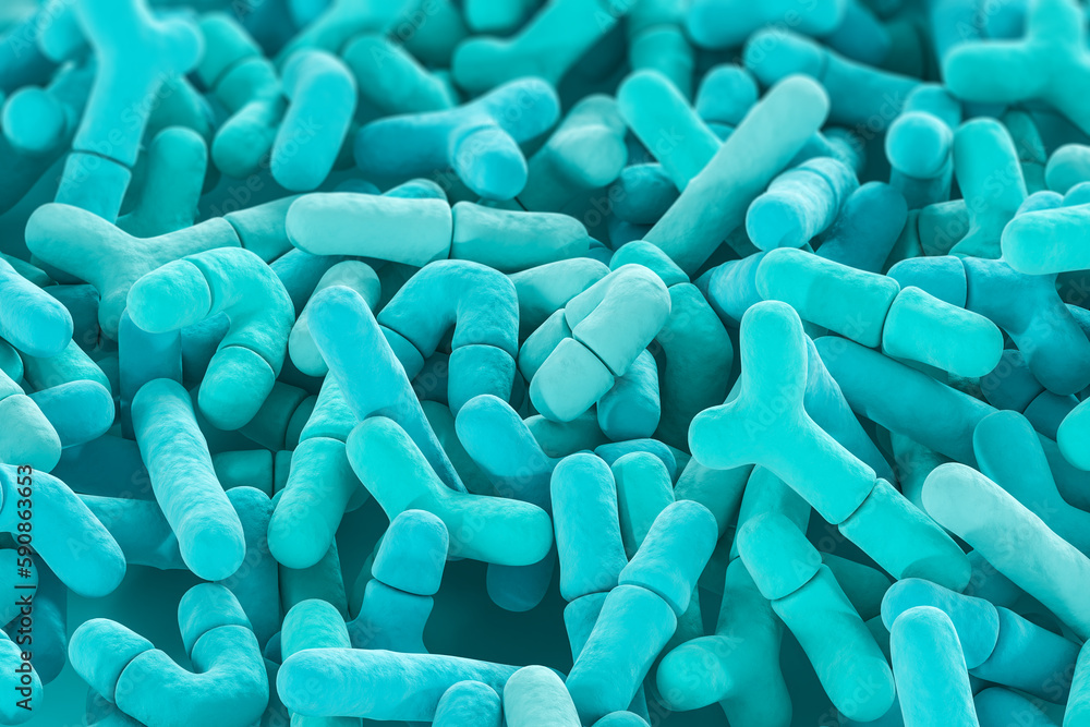 Blue Bifidobacterium, lactobacillus, Microbiome under microscope