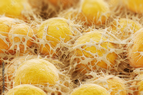 Yellow human adipose tissue cells under a microscope. Fat cells. Cholesterol. Close up. 3d rendering photo