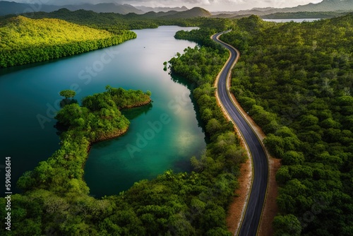 scenic coastal drive along a winding road with a beautiful body of water. Generative AI