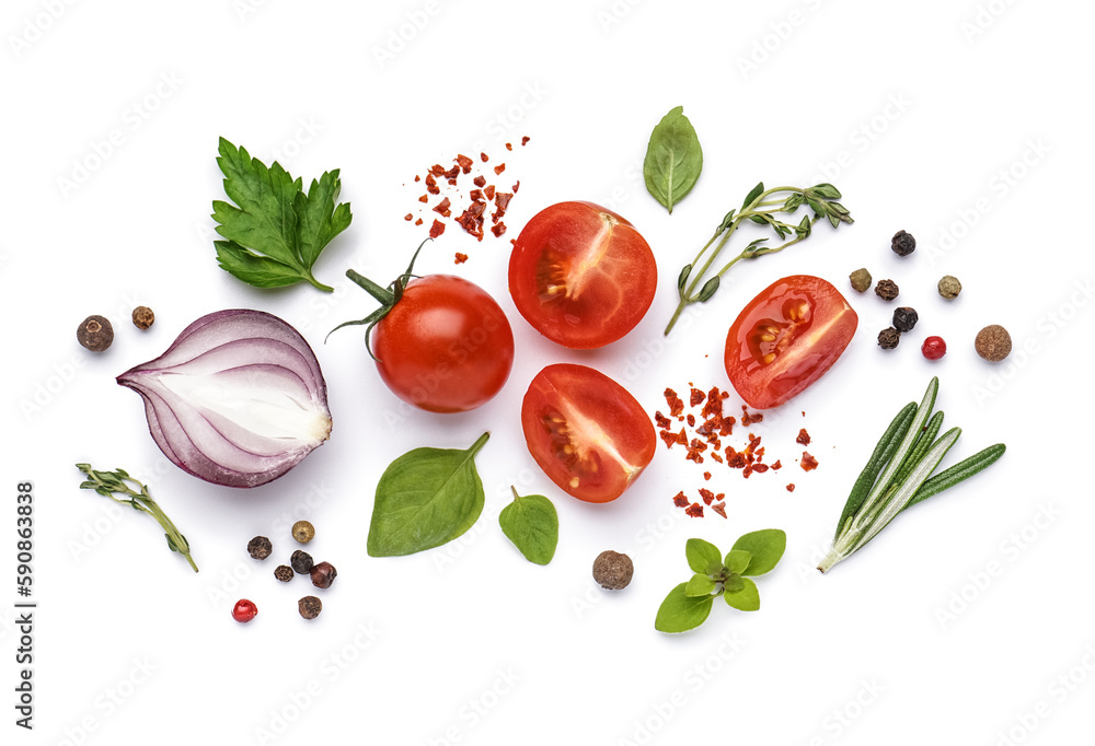 Composition with fresh vegetables, spices and herbs isolated on white background