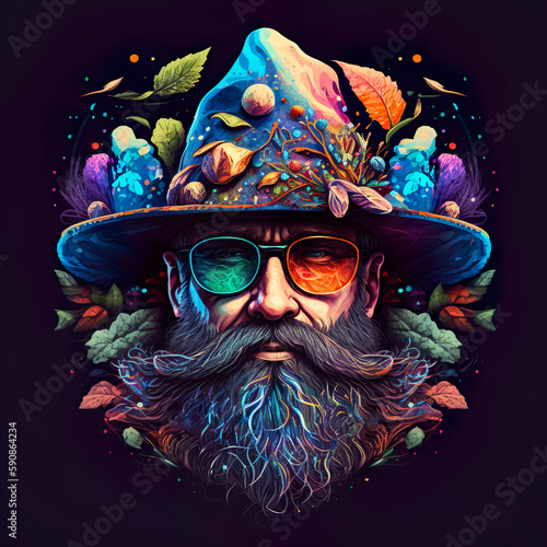 Surreal Psychedelic trippy vibrant colorful magical enchanted magic mushroom wizard portrait