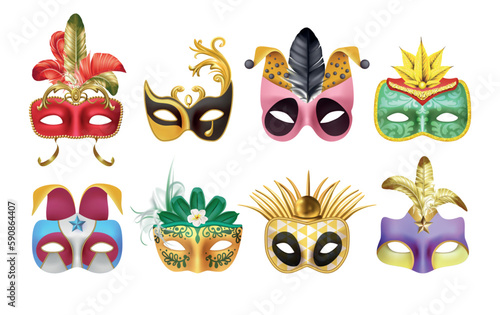Realistic Venetian carnival masks. Venice masquerade. Italy art for theater with feathers and ornate decoration. Theatrical disguise. Vector exact 3D performance costume elements set